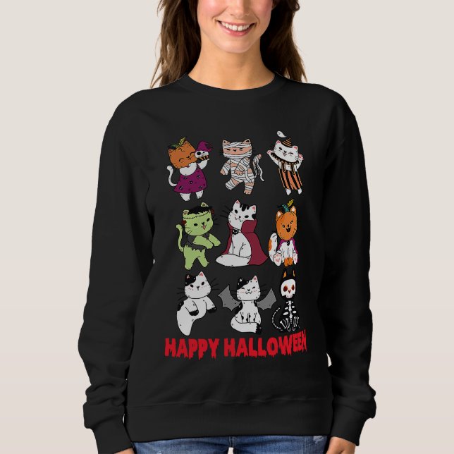 Sudadera Happy Halloween Cat Characters Mummy Dracula Bat S (Anverso)