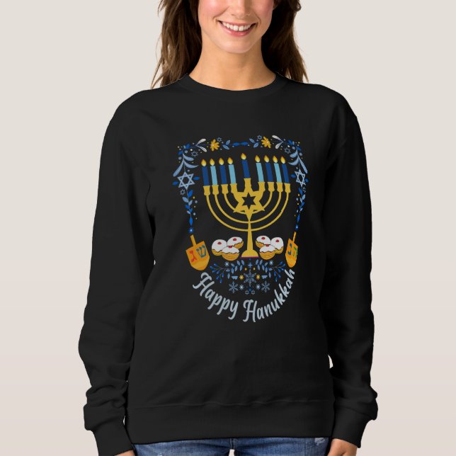 Sudadera Happy Hanukkah Menorah Dreidel Magen David Jewish  (Anverso)