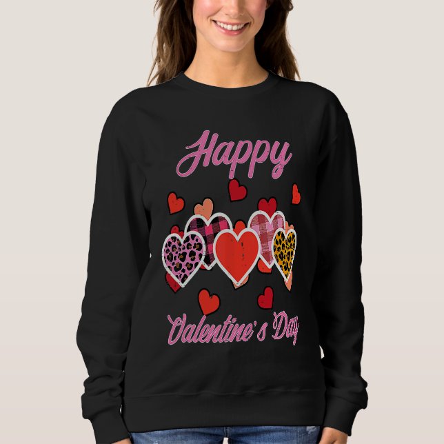 Sudadera Happy Valentines Day Leopard Plaid Hearts Women Gi (Anverso)