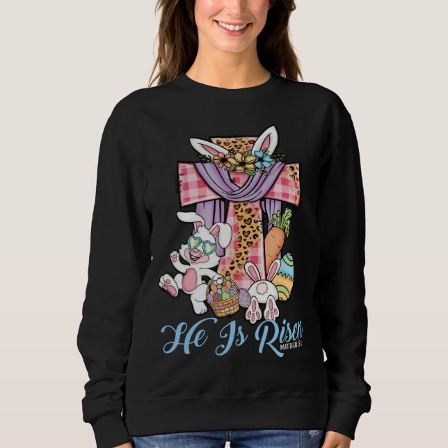 Sudadera He is Risen Kids Leopard Cross Bunny Happy Easter  (Anverso)