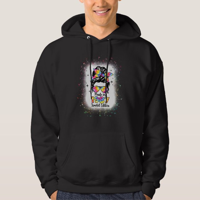 Sudadera Hecho En 1987 Cumpleaños Bleached Tie Dye Mess Bun (Anverso)