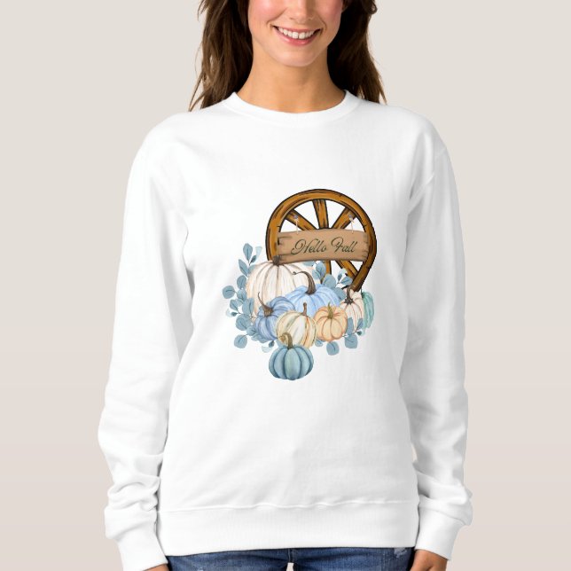 Sudadera Hello Fall Blue Green Pumpkins Wagon Wheell (Anverso)
