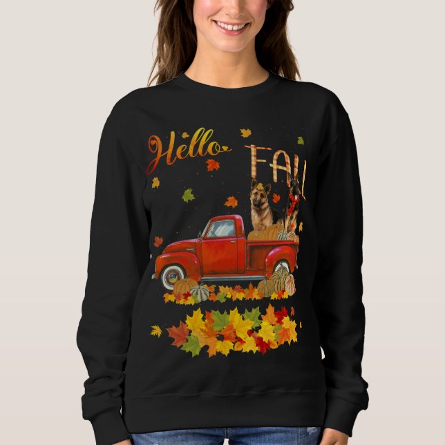 Sudadera Hello Fall German Shepherd Leaf Autumn Red Truck D (Anverso)