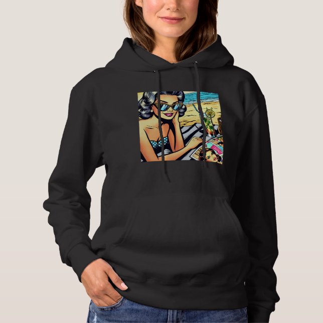 Sudadera Hermosa dama retro en la playa con cóctel (Anverso)