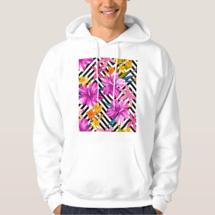 Sudadera hibisco tropical, hojas de palma, geométrico.