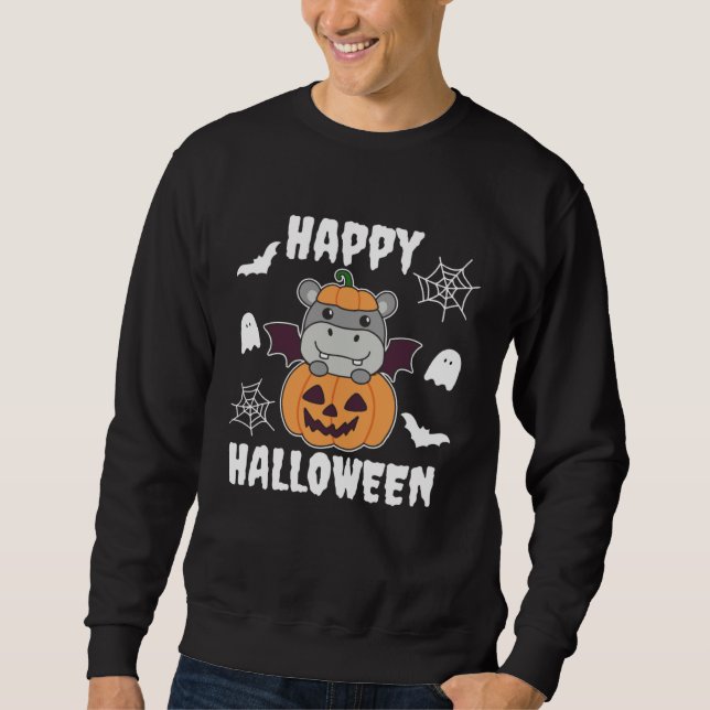 Sudadera Hippo Happy Halloween Pumpkin Bat Hippos Halloween (Anverso)