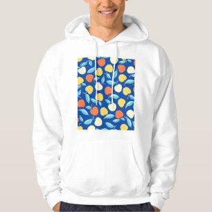 Sudadera Hojas de manzanas, fondo azul, patrón sin costuras