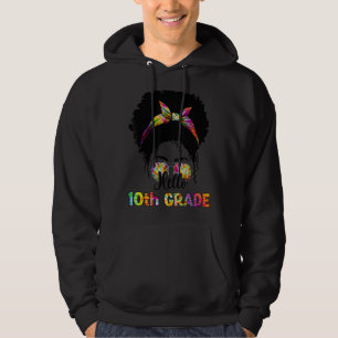 Sudadera Hola, 10° grado Afro Messy Bun Teacher de vuelta a