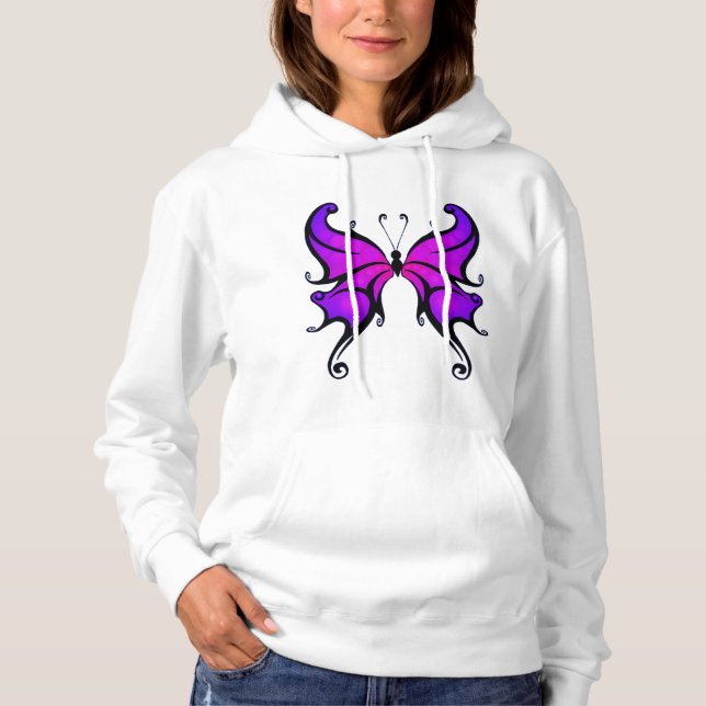 Sudadera Hoodie blanco con diseño de mariposa púrpura elega (Anverso)