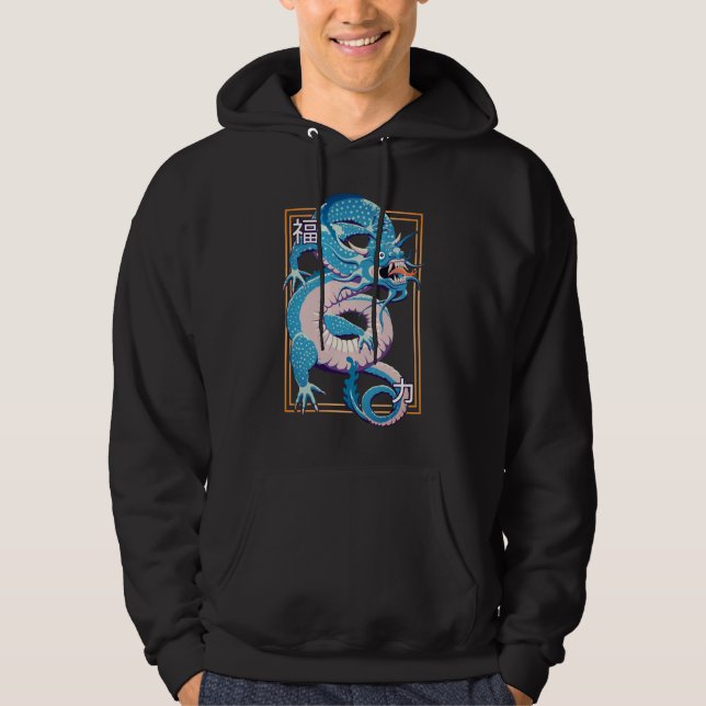 Sudadera Hoodie de dragón chino azul (Anverso)