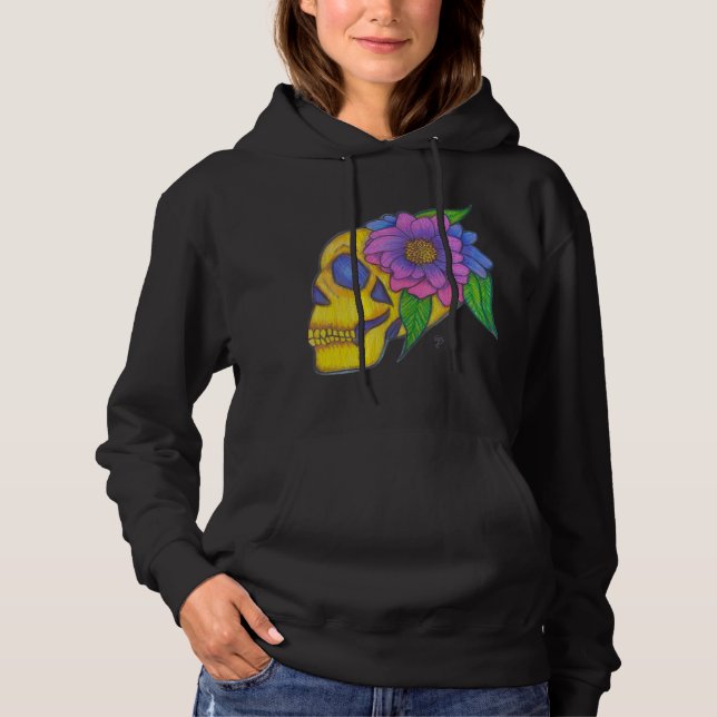 Sudadera Hoodie With Abstract Yellow Skull and Flower Art (Anverso)