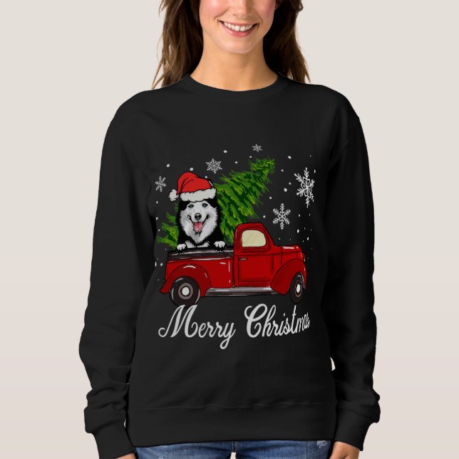 Sudadera Husky Dog Riding Red Truck Decoraciones navideñas  (Anverso)