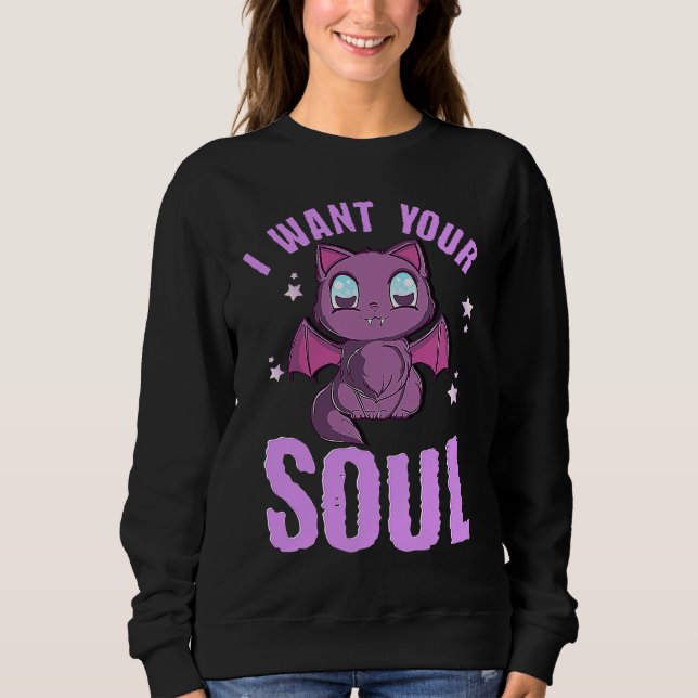 Sudadera I Want Your Soul Funny Halloween Cute Black Cat Ba (Anverso)
