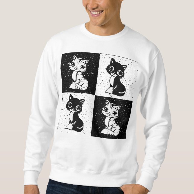 Sudadera Impresión de monograma de gato blanco negro (Anverso)
