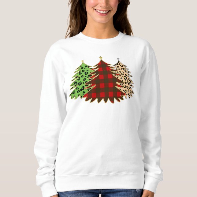 Sudadera Impresión roja, verde y dorada y árboles navideños (Anverso)