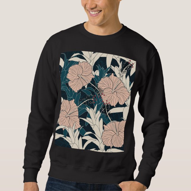 Sudadera Inhibisco rosa tropical, fondo oscuro (Anverso)