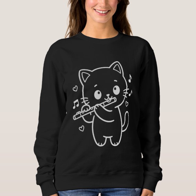 Sudadera Instrumento Musical de Gato Kawaii Tocando Flauta (Anverso)