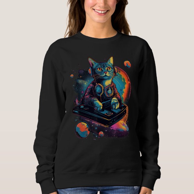 Sudadera Intergalactic Cosmic DJ Cat Vibrant Retro Futurist (Anverso)