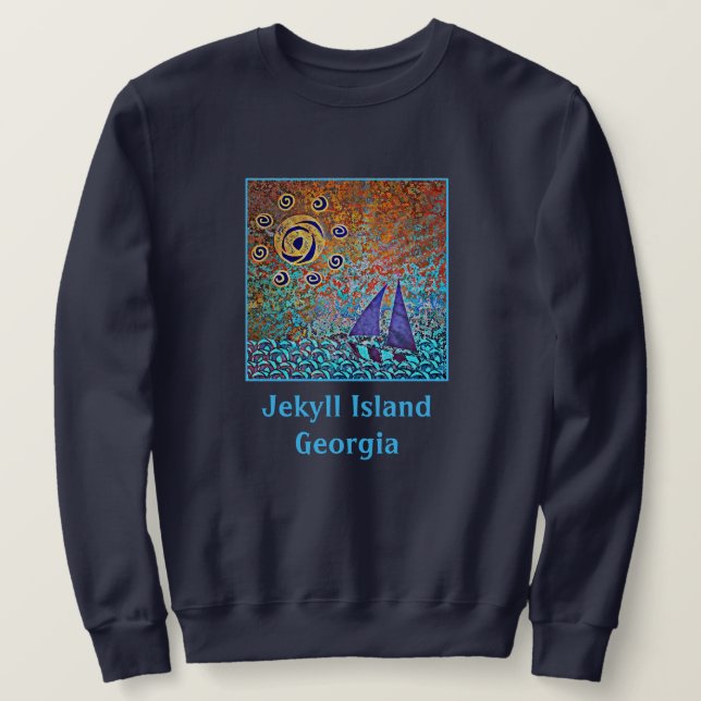 Sudadera Isla Jekyll, GA Velero, olas del océano y sol (Anverso del diseño)