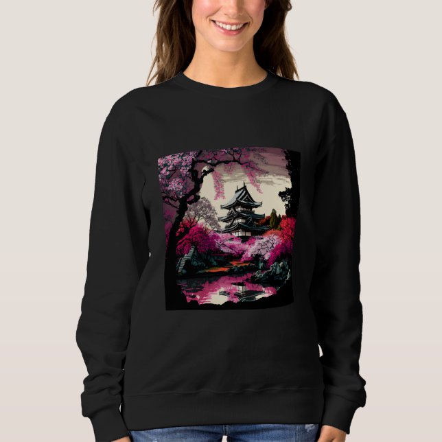Sudadera Japanese Castle in a forest of cherry blossoms pai (Anverso)