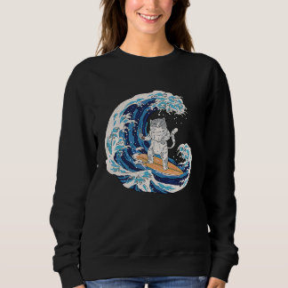 Sudadera Japanese Cat Surfing a Wave Beach Ocean Sea Cool R