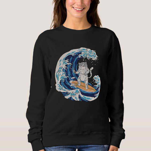 Sudadera Japanese Cat Surfing a Wave Beach Ocean Sea Cool R (Anverso)