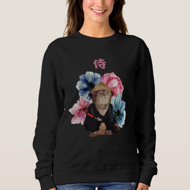 Sudadera Japanese Samurai Cat Watercolor Flowers (Anverso)