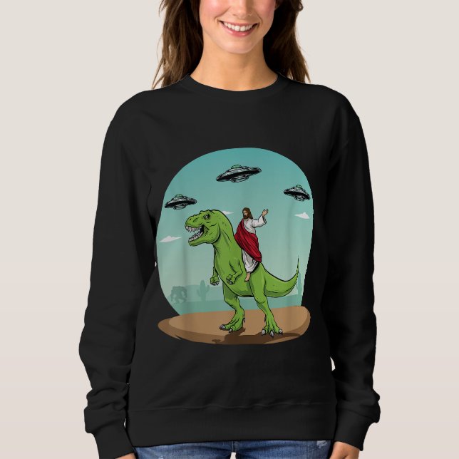 Sudadera Jesús Montando Un Dinosaurio Gracioso Bigfoot UFO  (Anverso)