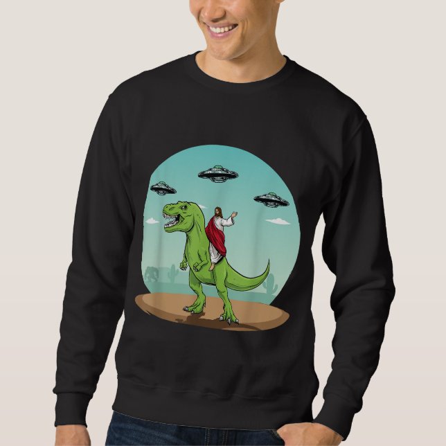 Sudadera Jesús Montando Un Dinosaurio Gracioso Bigfoot UFO  (Anverso)