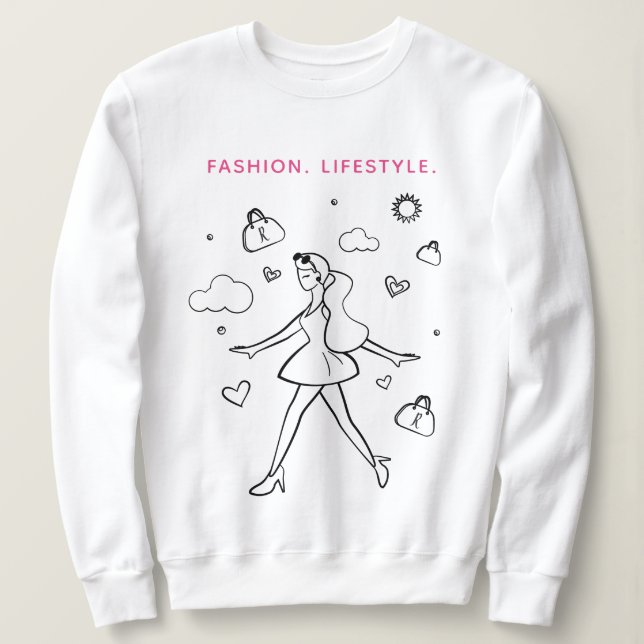 Sudadera Joven Chica de moda - Esbozo en negro, blanco y ro (Anverso del diseño)