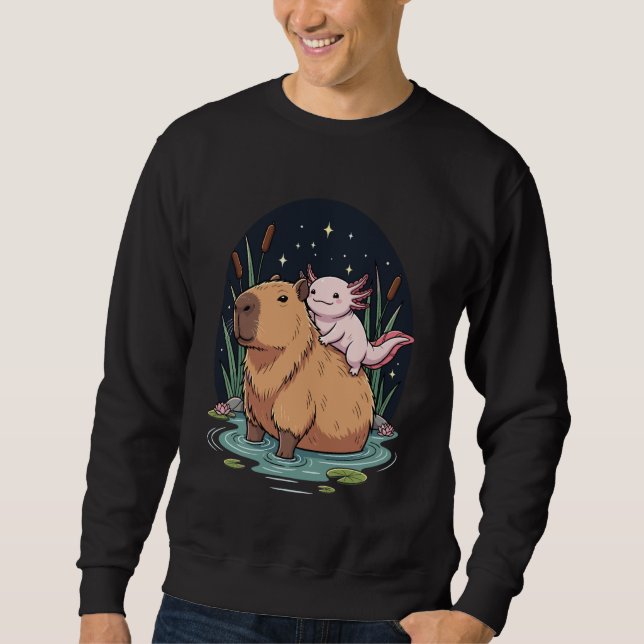 Sudadera Kawaii Axolotl Riding Capybara Starry Nights Outdo (Anverso)