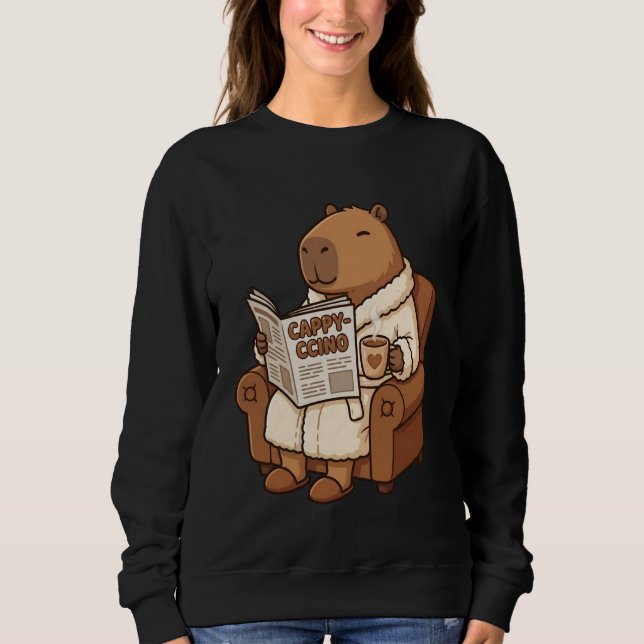 Sudadera Kawaii Capybara Coffee Pun Cappy-ccino Reading New (Anverso)