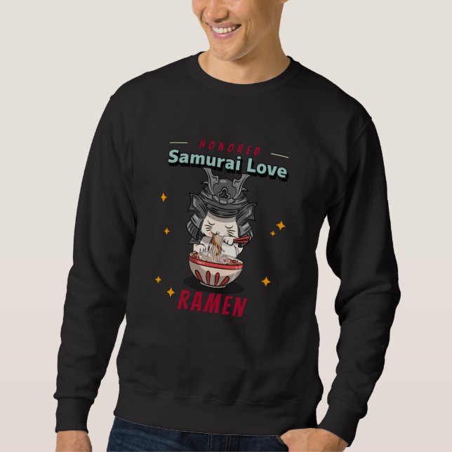 Sudadera Kawaii honró a un gato samurai comiendo a Ramen (Anverso)