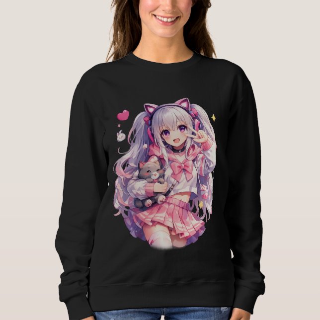 Sudadera Kawaii Pink Catgirl Cheer Pose (Anverso)