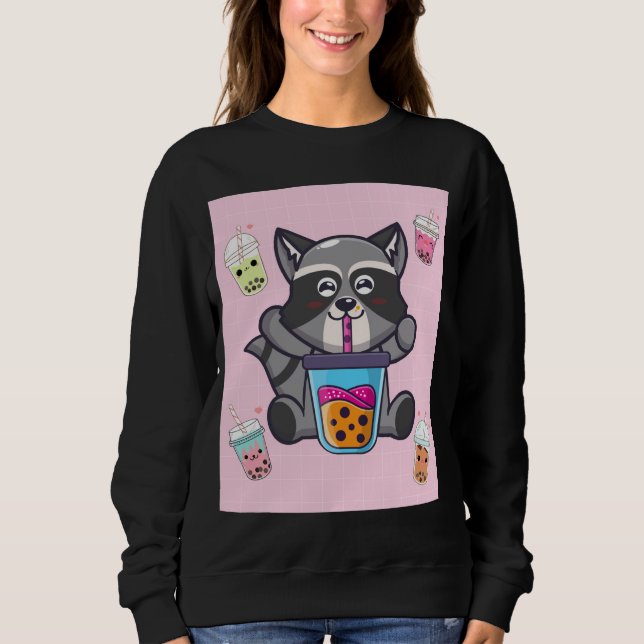 Sudadera Kawaii Raccoon Bubble Boba Leche Té Aesth Japonés (Anverso)