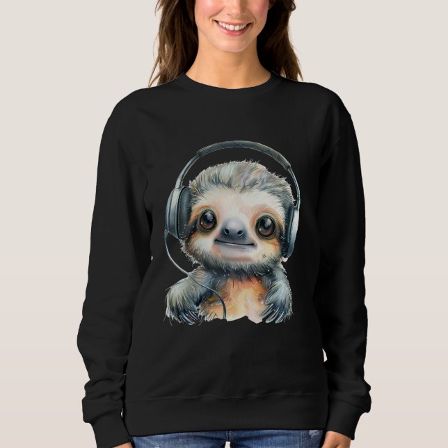 Sudadera Kawaii Sloth Headphones Animal Sketch Music Lover (Anverso)