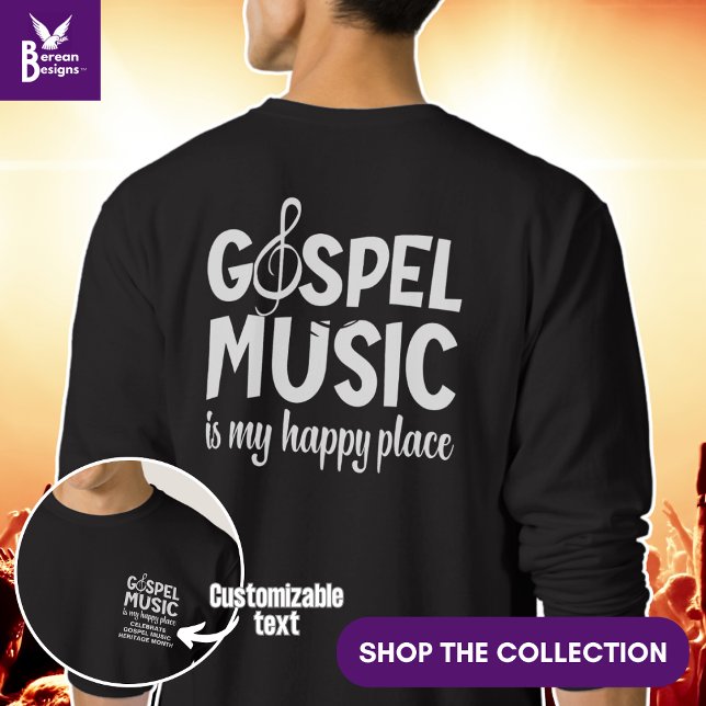 Sudadera LA MÚSICA GOSPEL ES MI FELIZ LUGAR Cristiano (Gospel Music is my Happy Place stylish Christian sweatshirt with design on front and back.)