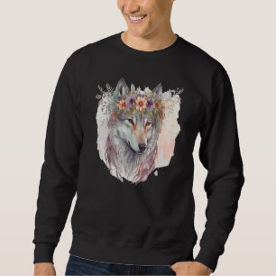 Sudadera Lobo Floral Corona Floral Anima Acuarela Artística