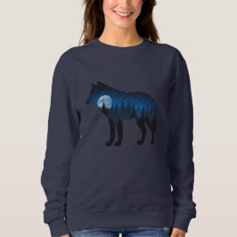 Sudadera Lobo Silueta Doble Exposición Bajo la Luna y Estre