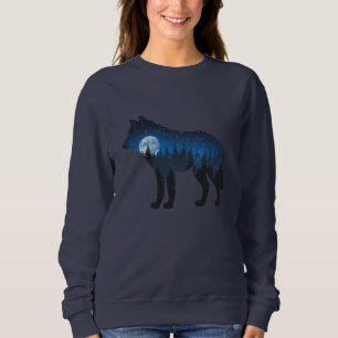 Sudadera Lobo Silueta Doble Exposición Bajo la Luna y Estre