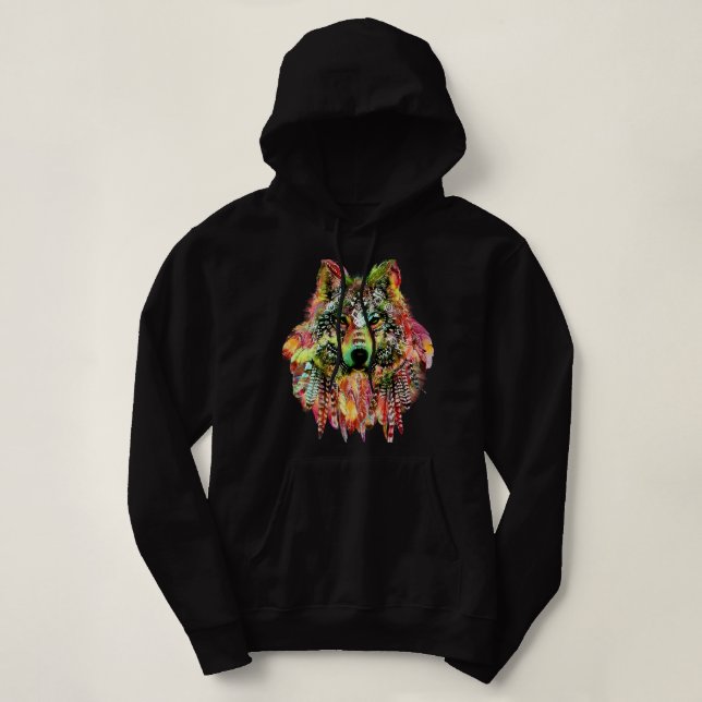 Sudadera Lobo tribal nativo americano con plumas tatuajes (Diseño del anverso)