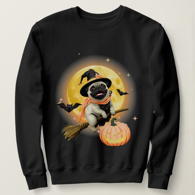 Sudadera Loco Pug Feliz de Halloween montando una sala vola (Anverso del diseño)