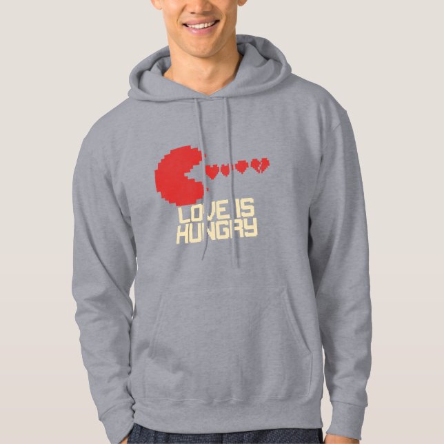 Sudadera Love Is Hungry – Retro Pixel Hearts (Anverso)