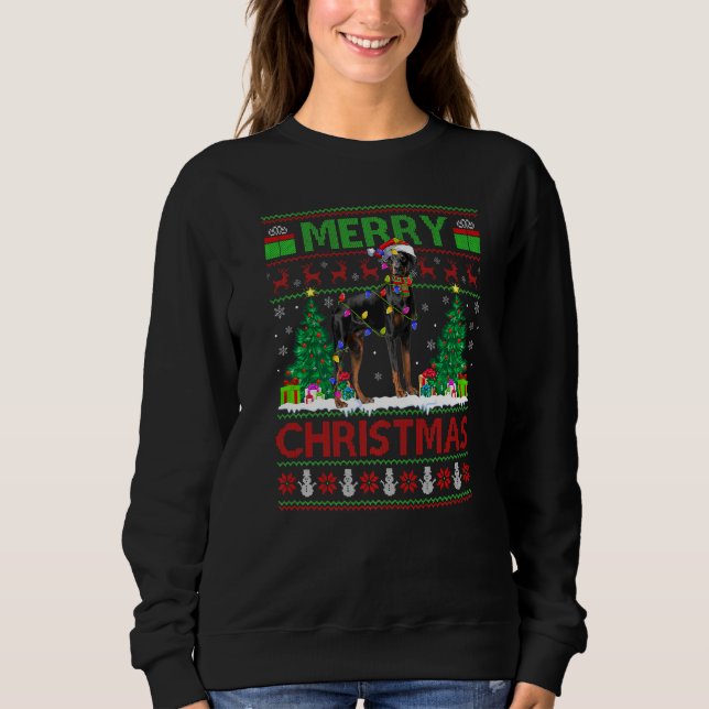 Sudadera Luces de árbol de Navidad Santa feo perro Doberman (Anverso)