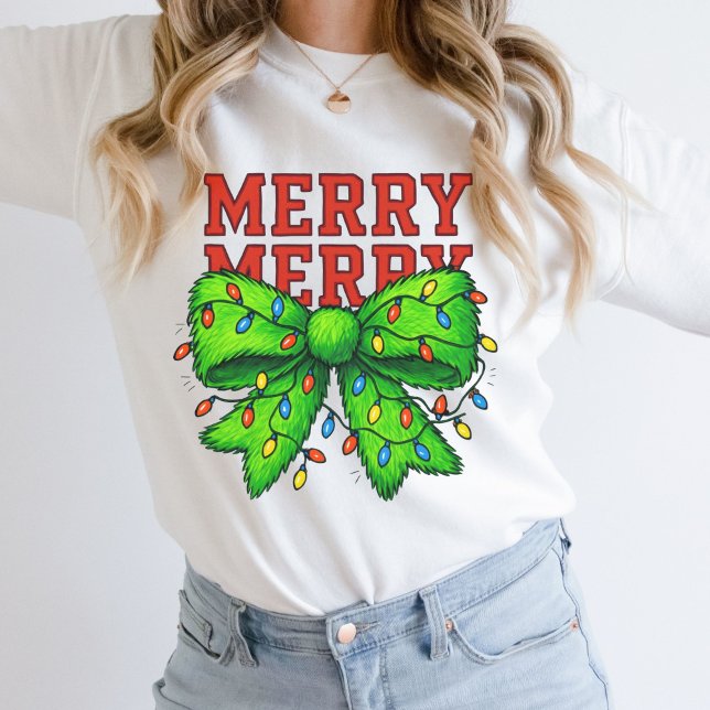 Sudadera Luces Navideñas Alegres Alegres Lazo Verde Fiesta (Merry Merry Christmas Sweatshirt Green Bow with Christmas lights. Festive Gift for her, mom)