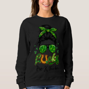 Sudadera Lucky Pre K Profesores Patricks Day Bun Hair Plaid