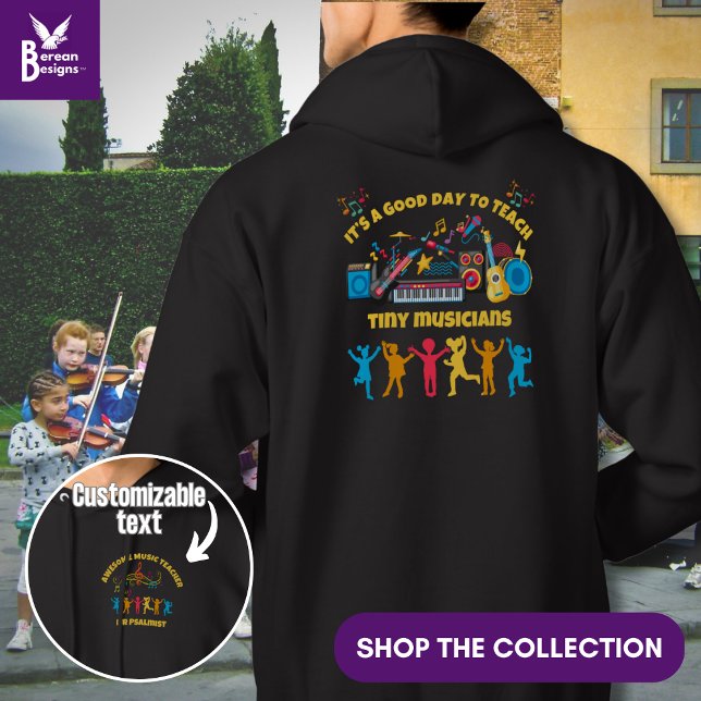 Sudadera MAESTRO DE MÚSICA, buen día para enseñar a pequeño (GOOD DAY TO TEACH TINY MUSICIANS fun sweatshirt with custom text on front pocket. Ideal teacher gift)