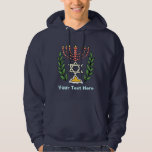 Sudadera Magen persa David Menorah<br><div class="desc">Esta imagen fue adaptada de una antigua teja judía persa y cuenta con una menorah con un Magen David (Estrella de David) enmarcado por ramas de olivo. Se han conservado las imperfecciones de la imagen original pintada a mano.</div>