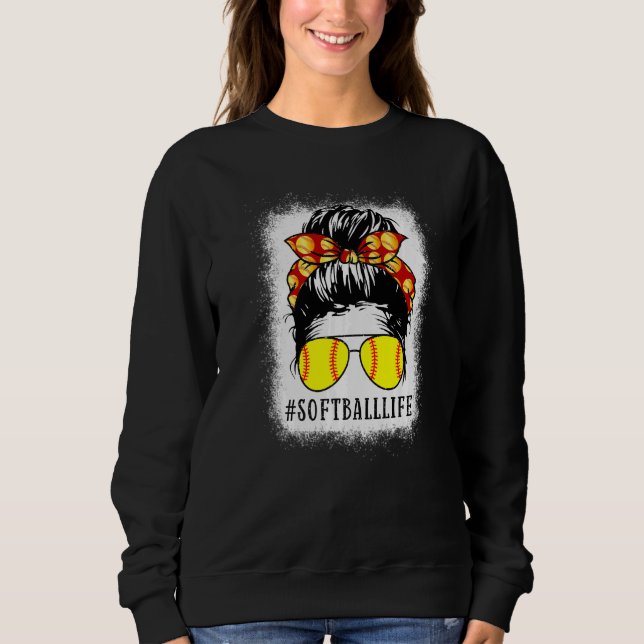 Sudadera Mamá blanqueada de Softball Messy Bun Softball Mom (Anverso)