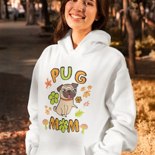 Sudadera Mamá de Pug, colores de otoño, flores y hojas caíd